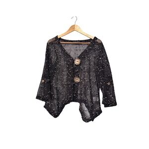 Nina Leonard Black Metallic Net Button Front Cardigan Sweater Top Women's Small